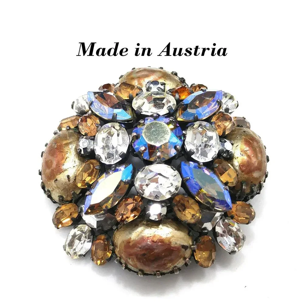 Austrian Brooch, Topaz Clear Rhinestones, Faux Baroque Pearls, 1950s Vintage
